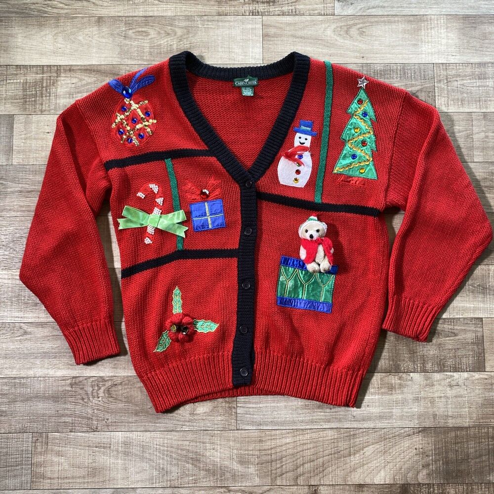 Christmas Ugly Sweater Cardigan Cabin Creek Women’s Large Candy Cane Bear VTG